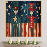 Rustic Folk Art of Patriotic Figures with Stars and Stripes on Weathered Wood Background, Whimsical Americana for Celebrating 4th of July in Vintage Style on Ready to Hang 1.5" Thick Canvas Wrap, Floating Framed Canvas, Flat Rolled Canvas